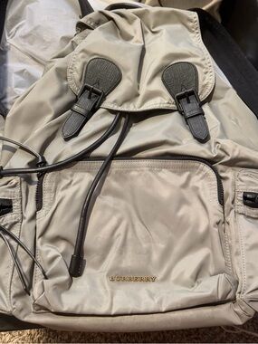 Burberry Beige Nylon Drawstring Backpack with Black Trim